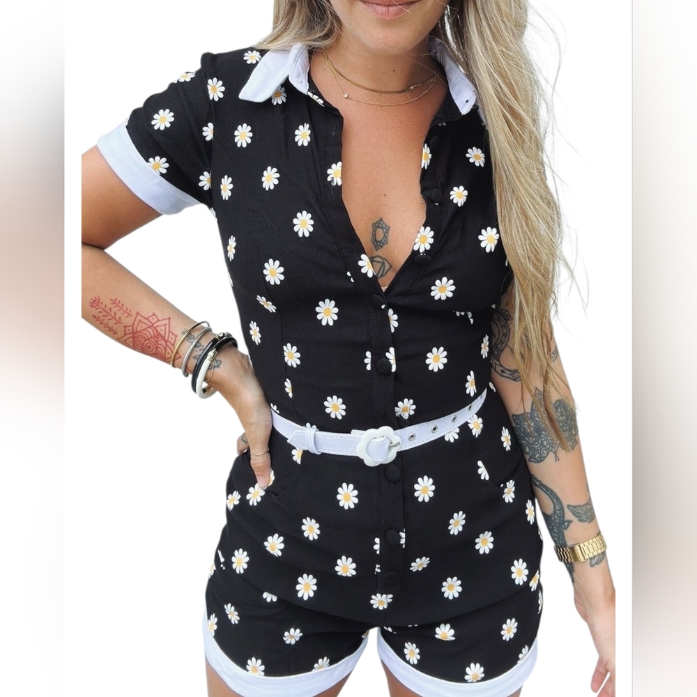 Black Floral Button-Up Romper NWOT
